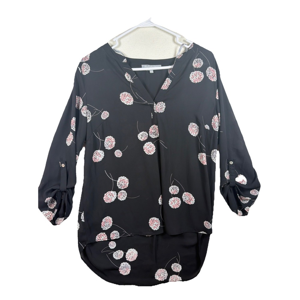 Daniel Rainn Womens Blouse Large Black Floral  Roll‎ Tab Sleeve V-Neck